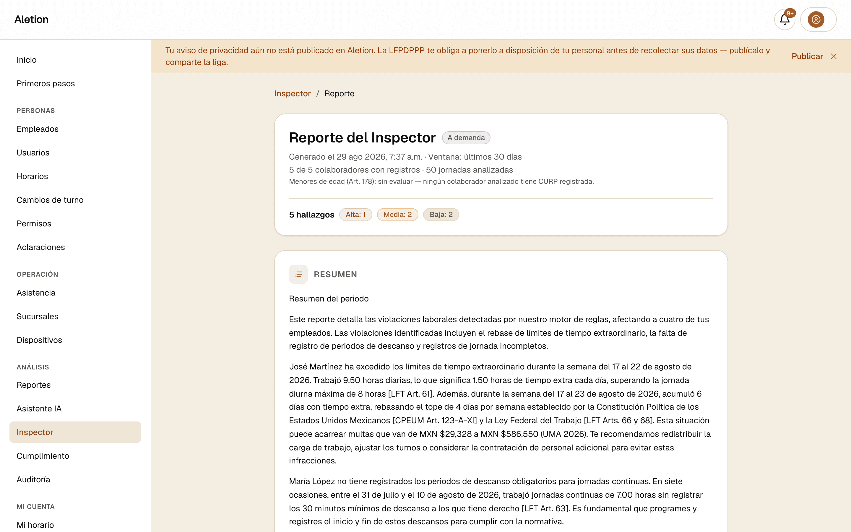 Un reporte del Inspector de Aletion: cinco hallazgos sobre la jornada — uno de severidad alta y el resto medios y bajos — con el artículo de la LFT citado y la multa potencial en pesos por trabajador.