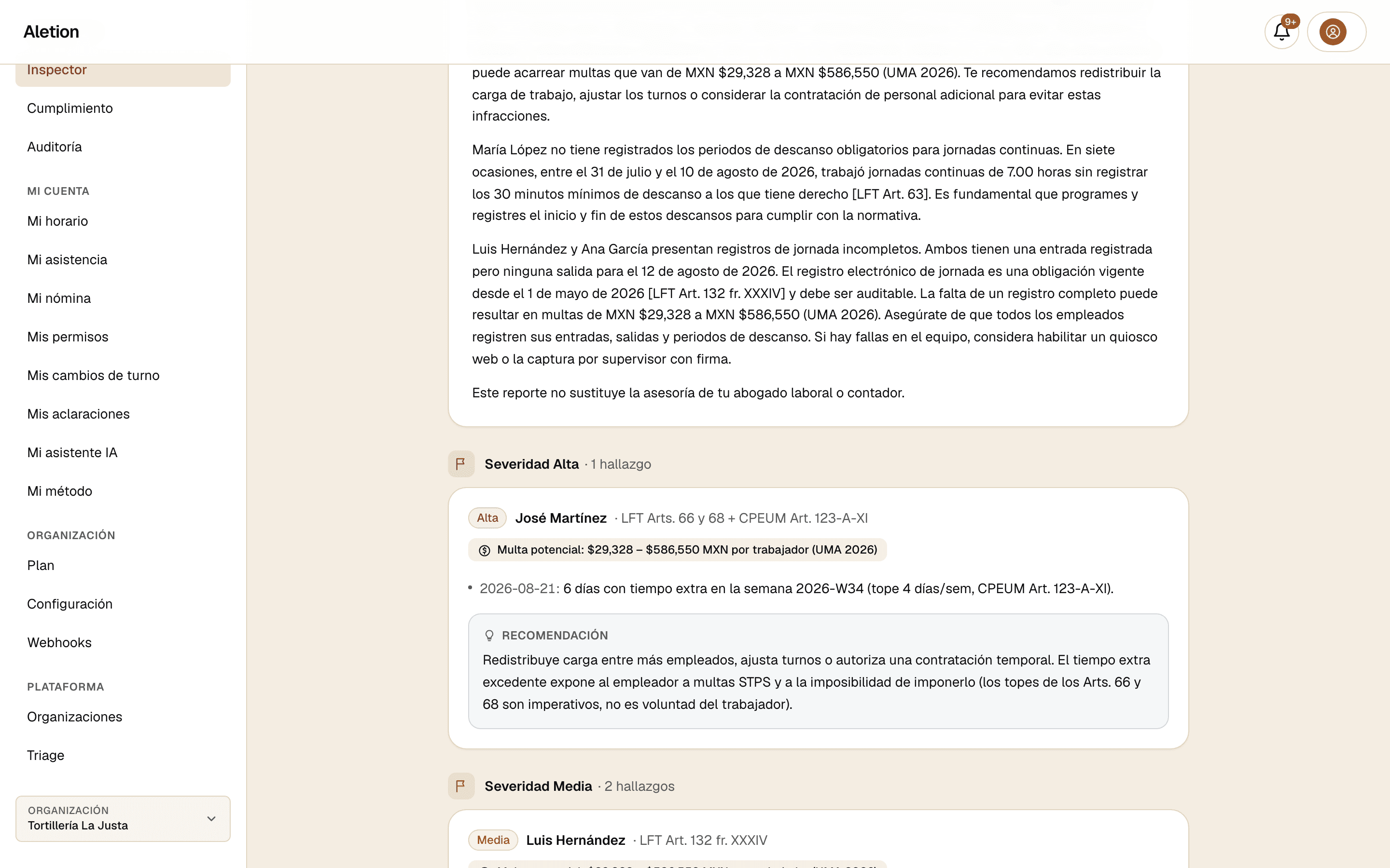 Un hallazgo del Inspector de Aletion: severidad alta, José Martínez, LFT Arts. 66 y 68 y CPEUM Art. 123-A-XI, multa potencial de $29,328 a $586,550 MXN por trabajador, con el día exacto en que la semana rebasó el tope de días con tiempo extra.